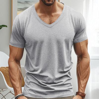 Men Summer T-shirt Short Sleeves V Neck Solid Color Quick-drying Loose Pullover Mid
