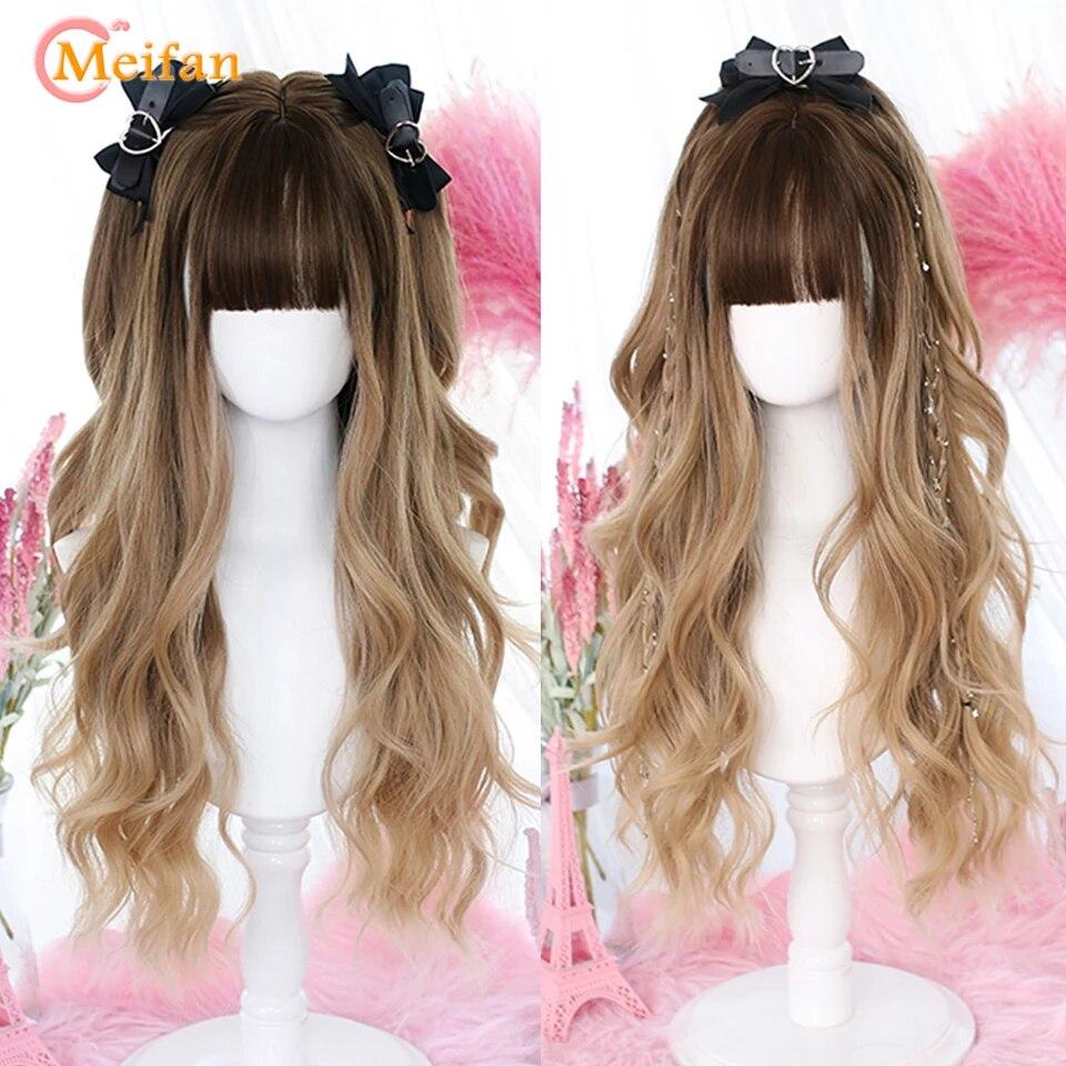 Synthetische lange Ombre bunte Cosplay Lolita Harajuku Perücke mit Pony natürliche wellige Halloween rosa lila blau tägliche Perücken