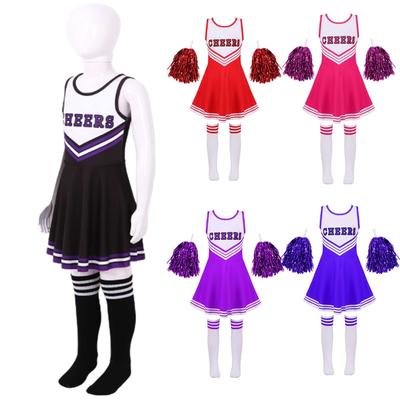 Costume All-in-One da Cheerleader e per Feste per Bambine: Set Vestito, Pompon e Calzini, Perfetto per Halloween o il Giorno dello Spirito Scolastico