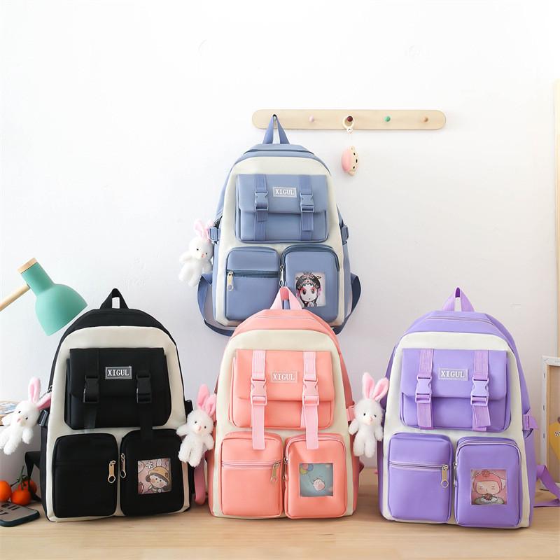 New Cartoon Style Student Backpack High Capacity Nylon Breathable Book Bag For Middle School Girls Pink Black Purple Blue