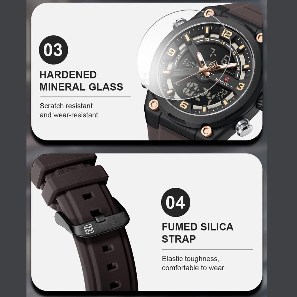 NAVIFORCE Original Men Quartz Watch Calendar Date LCD Display Luminous Pointer Silicone Strap Waterproof 30m Men Casual Fashion Watch NF9265
