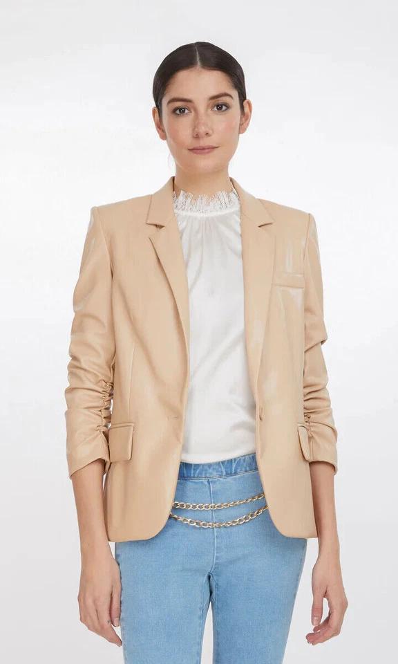 Button Party Beige Stylish Women Classic Blazer Real Lambskin Leather Genuine