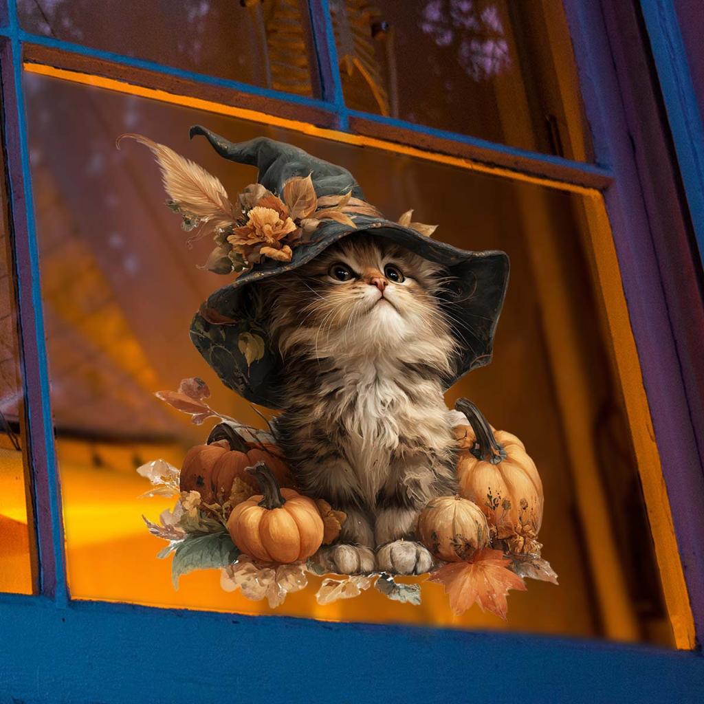 Retro-style Autumn Cat Window Sticker with Warm Elements. Self-adhesive and Seamless Sticker.