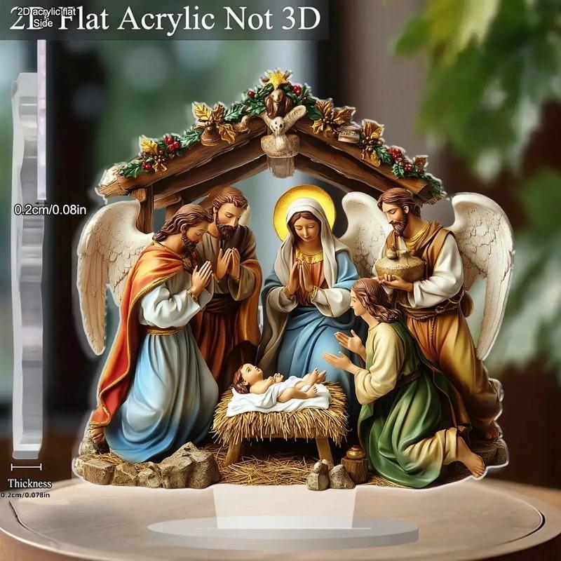 

2D Flat Jesus Nativity Scene Acrylic Desktop Decoration, Mary, , Jesus, Shepherds & Angels, Suitable for wall decoration, porch, room, villa, accents 15*15CM