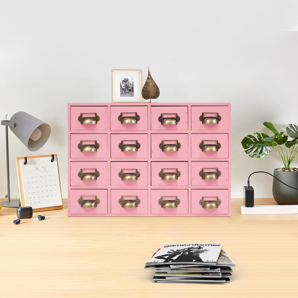 16-Compartment Drawer Storage Cabinet – Vintage Pink Solid Wood Desktop Organizer – 22 lbs Load Capacity