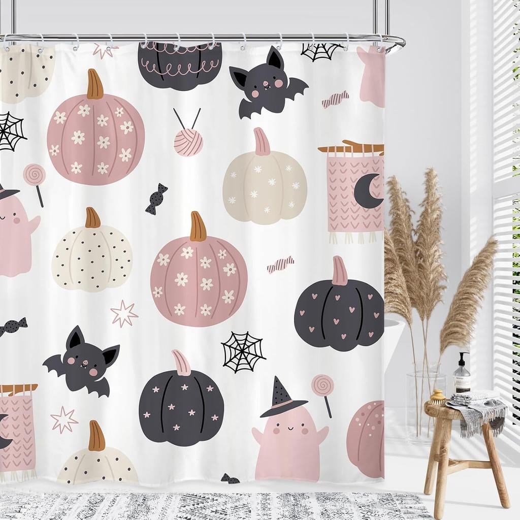 Halloween Pumpkin Ghost Shower Curtain Mouse Head Pumpkin Skull Kids Boys Holiday Scary Horror Spooky Bathroom Set Accessories