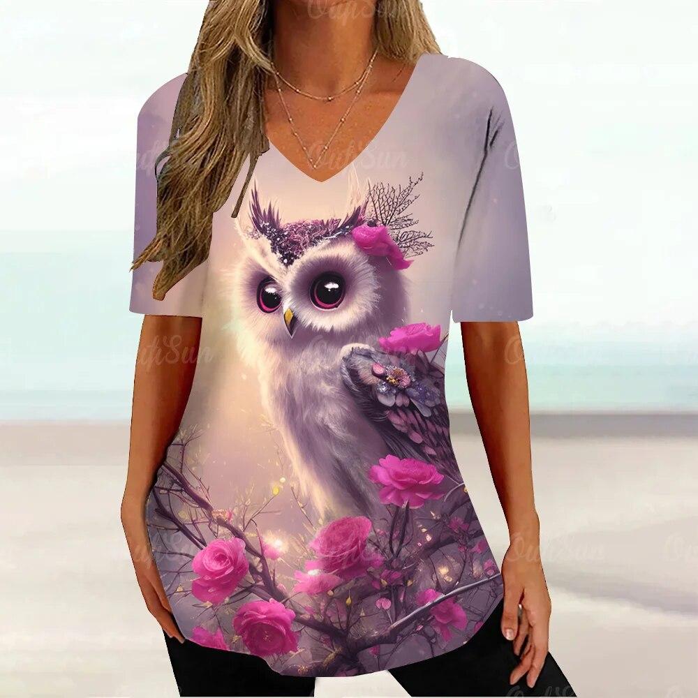 Dámská trička Vintage sova Zvířecí grafický potisk Tričko Letní móda Výstřih do V Krátký rukáv Top Trička Oversized Dámské tričko Oblečení