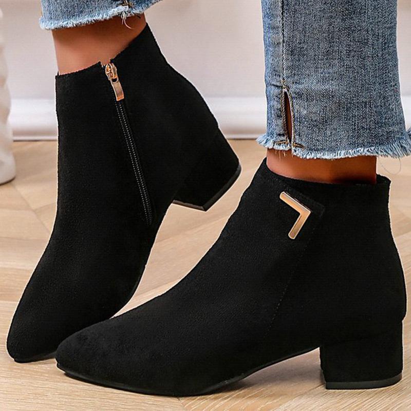 Fashion Spring Autumn Fashion Faux Suede Ankle Boots Women Solid Color Zipper Boots Woman Metal Decoration Pointed Toe Botas Lady