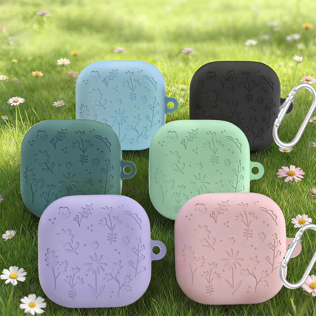 Gravierte Blumen Schutzhautabdeckung für Samsung Galaxy Buds4/4Pro Weicher Silikon-Schutz mit Schlüsselanhänger Kratzfest