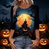 Women's Casual Halloween Printed T Shirt Fashion Round Neck Three Quarter Sleeve Top with Pumpkin Haunted House Design