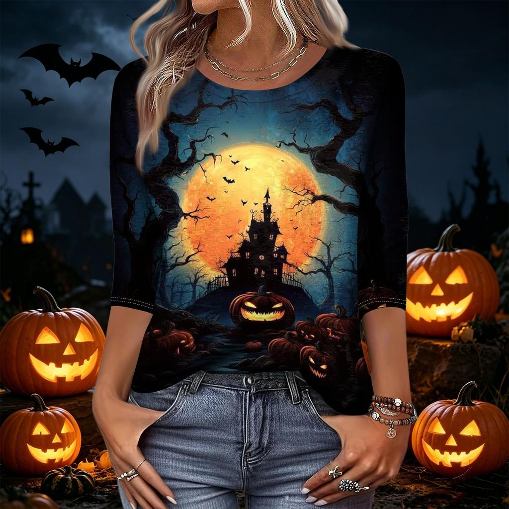 Women's Casual Halloween Printed T Shirt Fashion Round Neck Three Quarter Sleeve Top with Pumpkin Haunted House Design