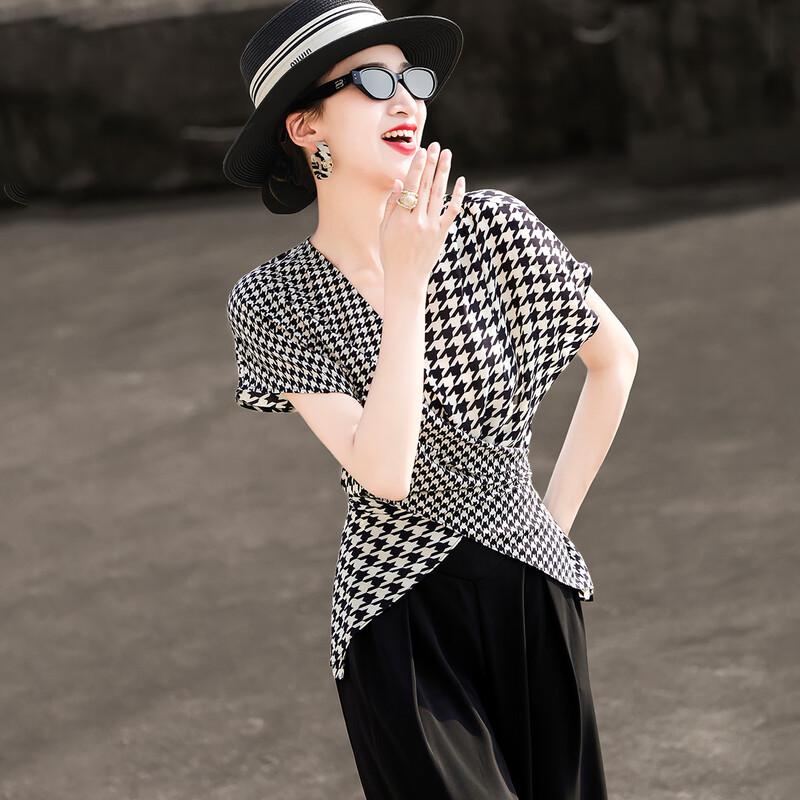 Lanser Women's French Retro Houndstooth Asymmetric V-neck Tie Shirt