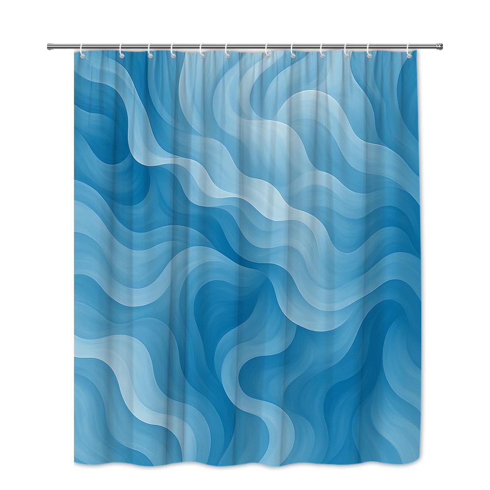 Blue Wave Pattern Shower Curtain Machine Washable All Season Waterproof Privacy Protection Abstract Design Modern 12 Hooks