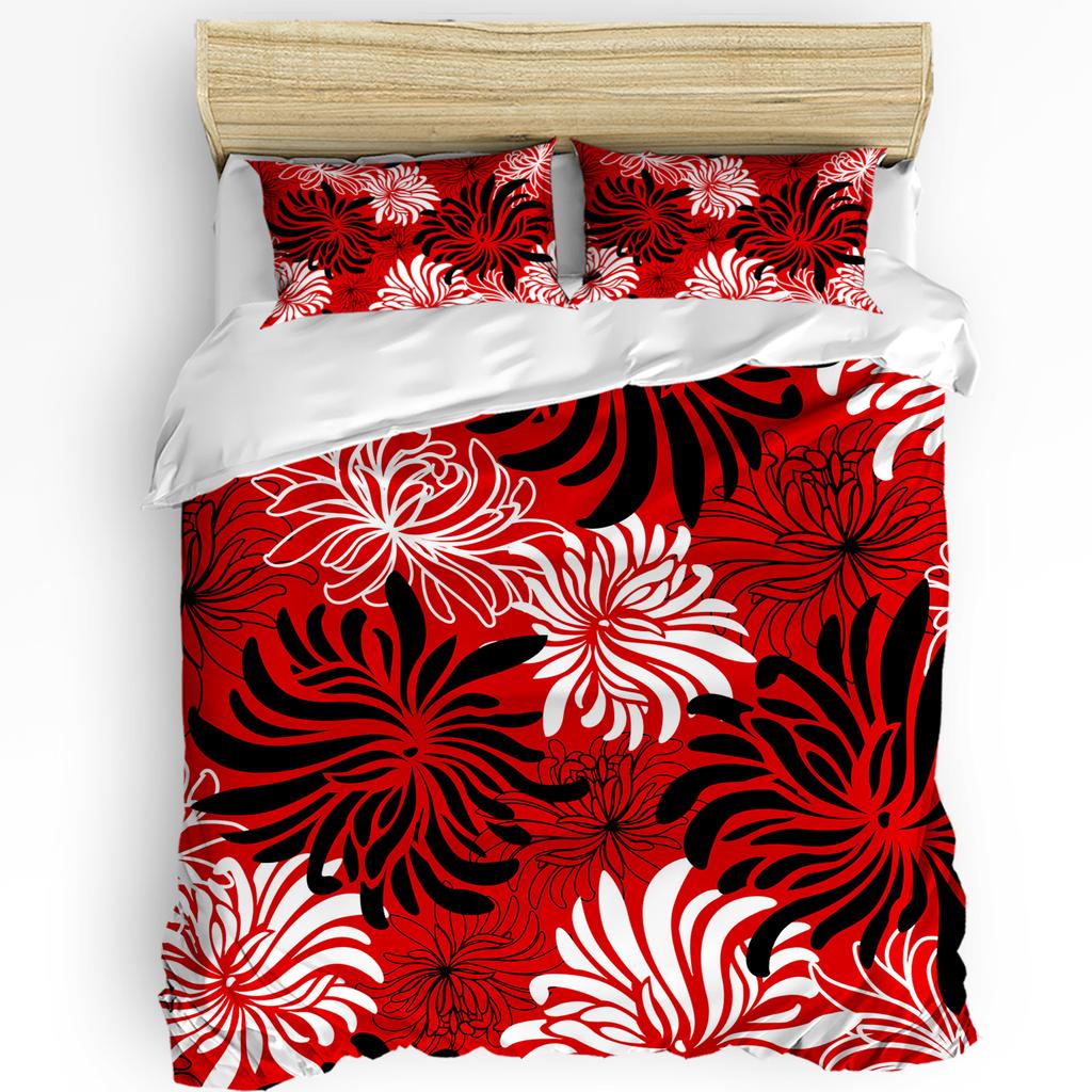 Red Black White Flower Chrysanthemum Duvet Cover With Pillow Case Custom 3pcs Bedding Set Quilt Cover Double Bed Home Textile