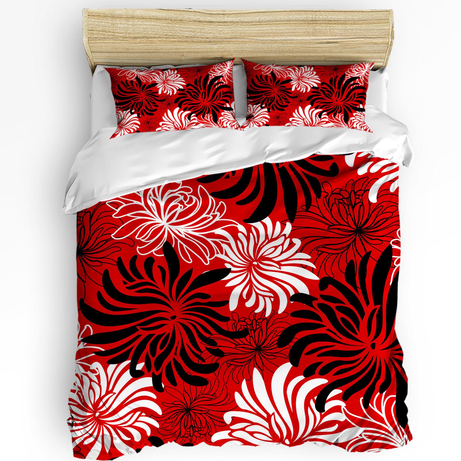 

Red Black White Flower Chrysanthemum Duvet Cover With Pillow Case Custom 3pcs Bedding Set Quilt Cover Double Bed Home Textile (135x200cm)