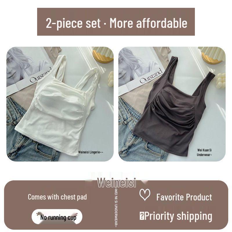 Korean Ruffled Spaghetti Strap Women's Tank with Chest Pads - Sexy Backless Slimming Base Layer