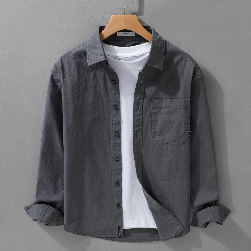 

Men s Pure Cotton Solid Color Long Sleeve Shirt – Versatile Japanese Style for Spring & Autumn M серый
