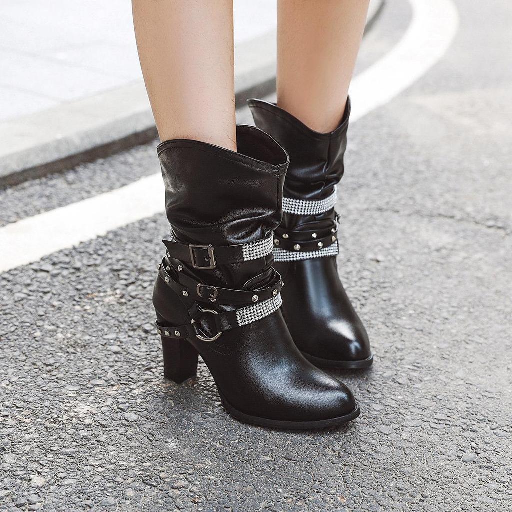 J/Winter New High Heel Thick Heel Round Toe Short Boots European and American Feng Shui Diamond Belt Decorative Women's Boots