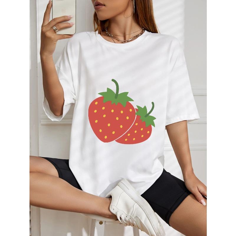 Strawberry Print T Shirt White Casual Summer Top For Women Streetwear Fashion Trendy Graphic Tee With Fruit Design Perfect For Everyday Wear