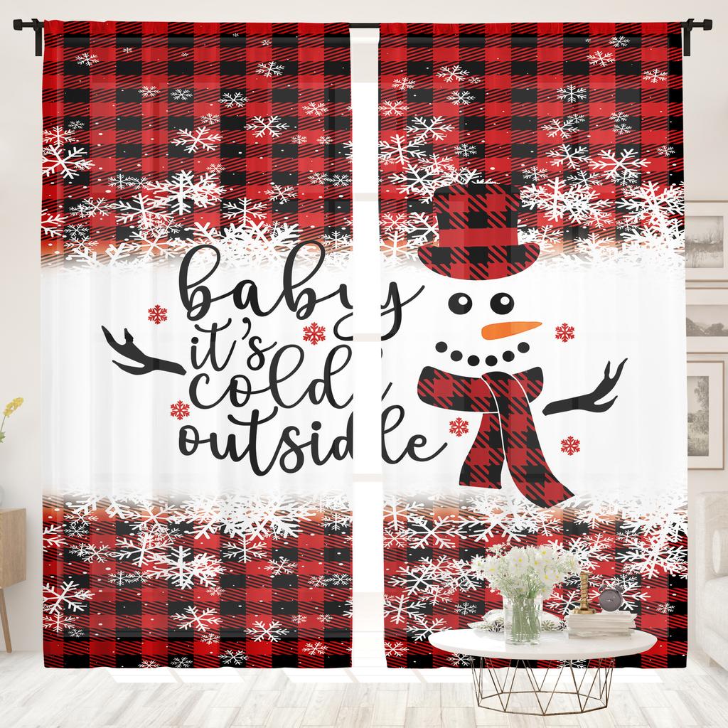 2 Pieces, Christmas Snowman Checkered Curtains -30% Blackout - Suitable for Living Room, Bedroom, Kitchen, Home Decoration