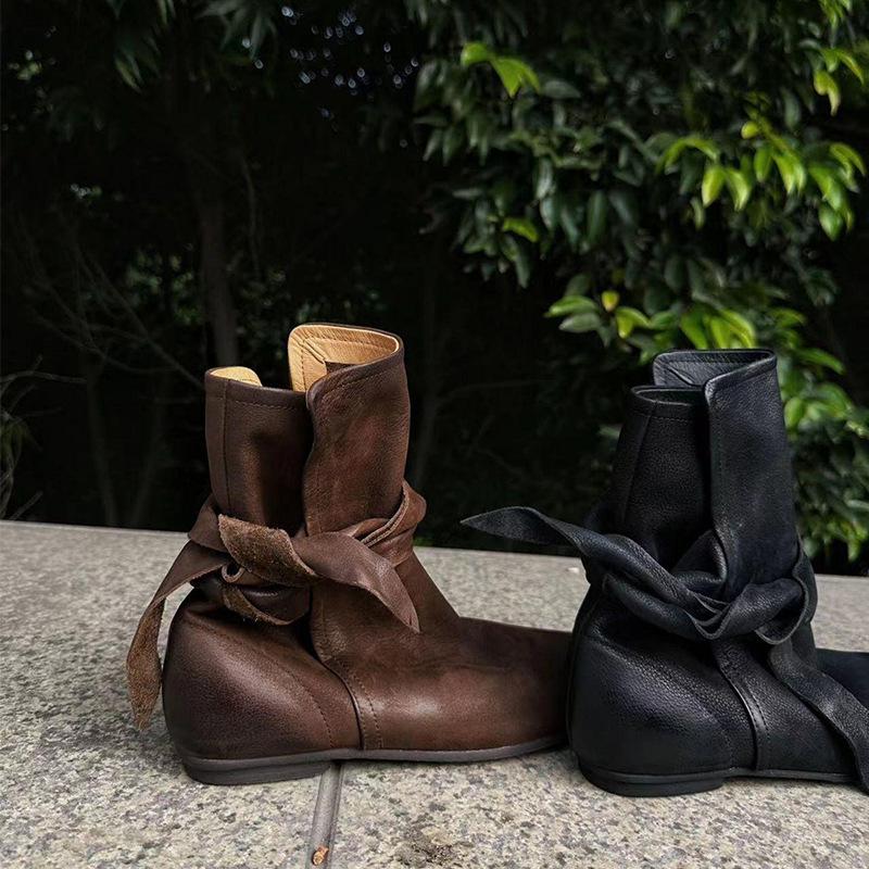 Cowhide version niche minimalist comfortable leather boots martin boots women's retro old round head bow wrap belt short boots