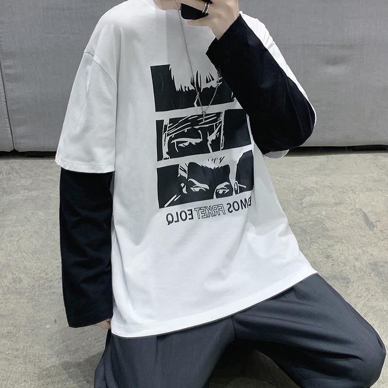 Scione Fake Two Hoodies Loose Long sleeved T Shirts Men s Stitching Round Neck Anime Print Shirt Men s Clothes M белый 2579₽