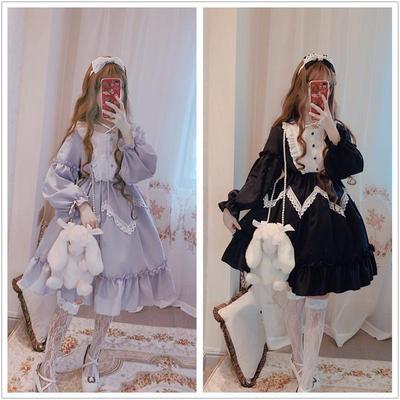 Japanisches Gothic Lolita Kleid Damen Kawaii Schleife Bär Spitze Blaues Kleid Langarm Prinzessin Kleid Halloween Kostüm Geschenk für Mädchen