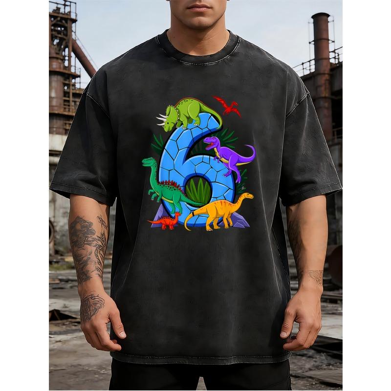 Dinosaur T-Shirt - Vintage Distressed Stone Texture Graphic Tee with Colorful Dinosaurs, Rugged Industrial Style Crew Neck Short Sleeve Top for Men