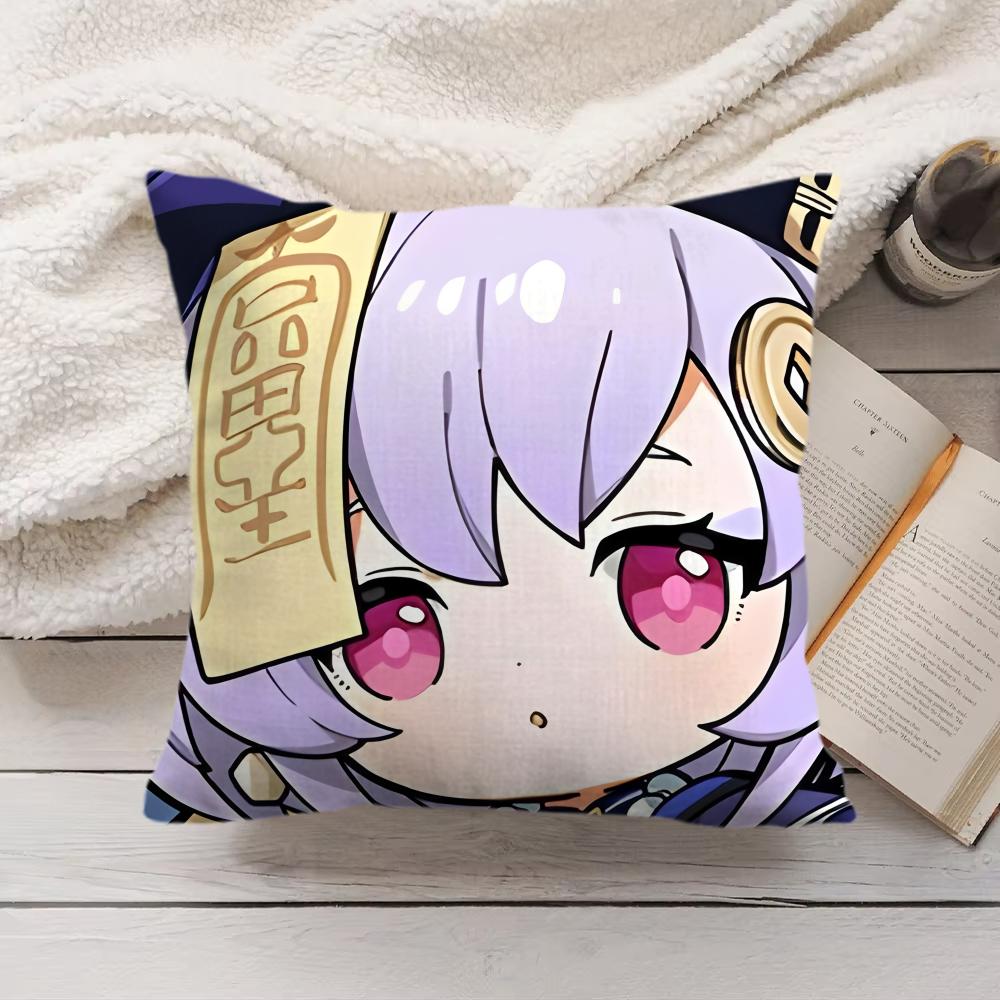Qiqi Cute Genshin Impact Cushion Cover Silky Short Plush Invisible Zipper Dustproof Sofa Pillow Case For Home Decor