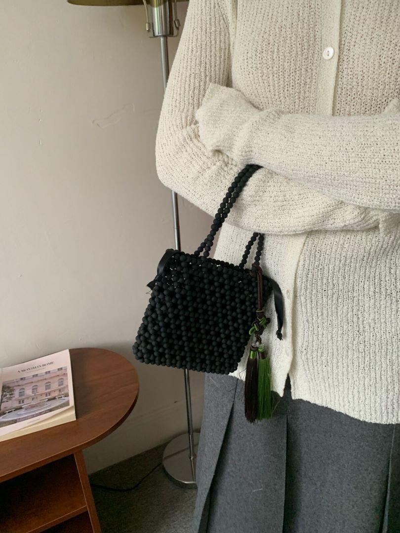 

Осенняя новая матовая бусина с бахромой в китайском стиле, повседневная сумка ручной работы чёрный