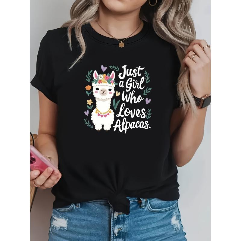 

Women S T-Shirt, Cute Alpaca Print (White Flower Garland Decorated White Alpaca + Just a Who Loves Alpacas English + Colorful Heart S чёрный