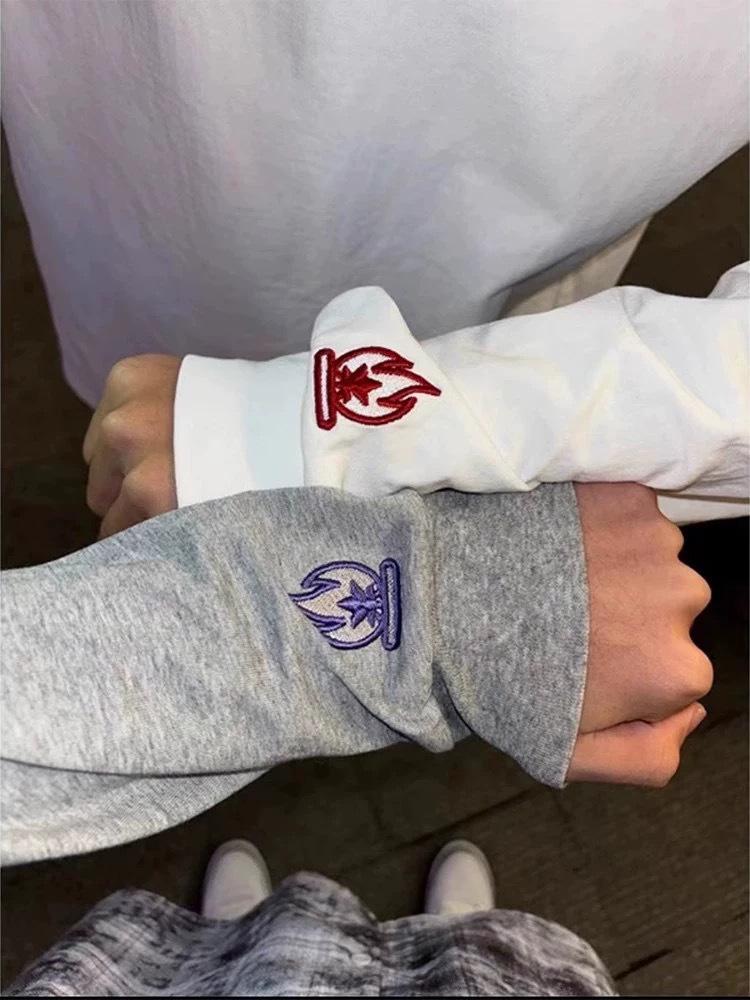 Unisex bluza z haftem płomienia - jesienno-zimowa koszulka z długim rękawem, luźny krój, warstwa bazowa