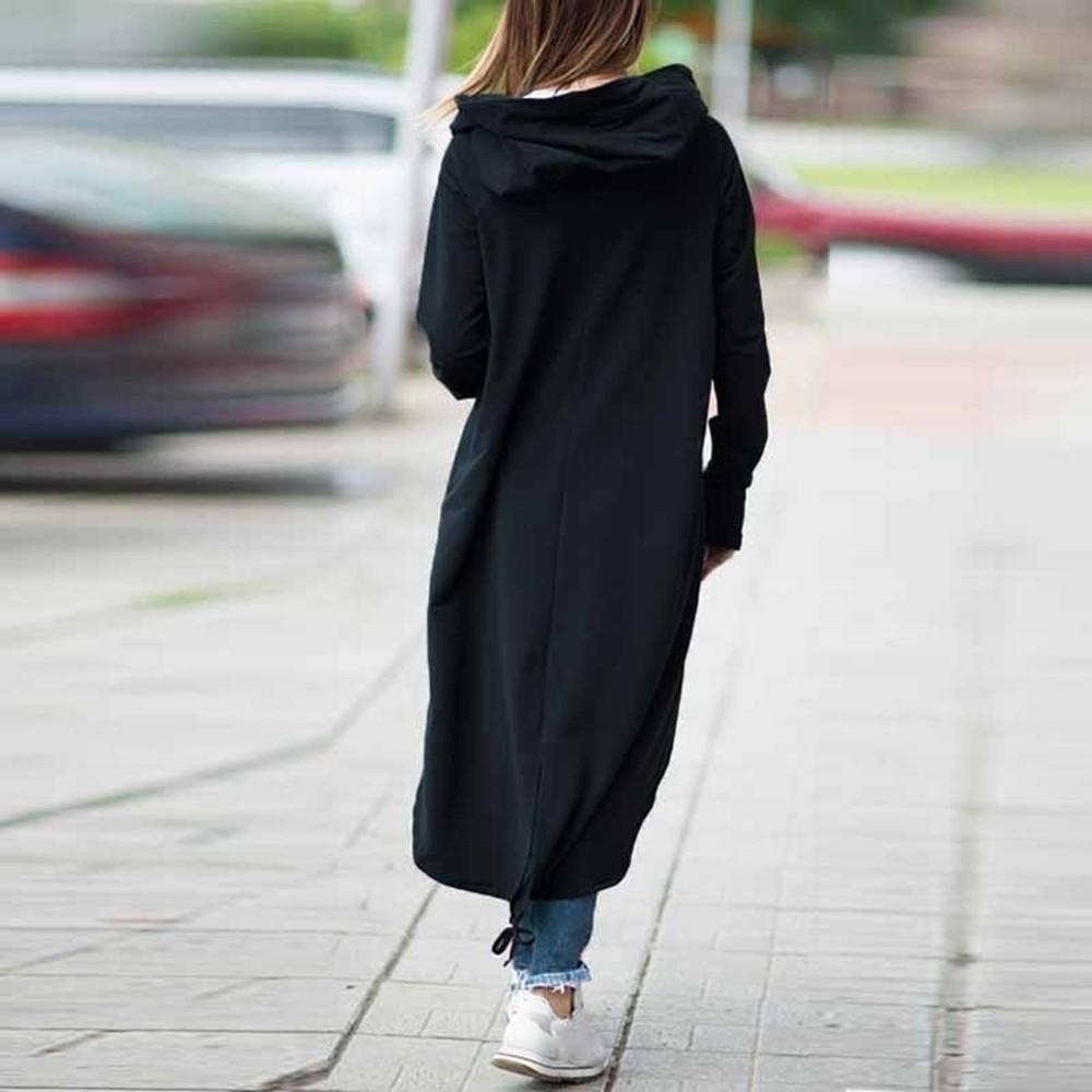 Women Fashion Hooded Jacket Long Sleeve Long Solid Coat With Pocket