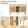 Mobile Organizzatore ad Ampio Spazio, Credenza, Cassettiera con 3 e Ante Scorrevoli, Intreccio in Rattan sulle Ante, Gambe in Legno Massello,