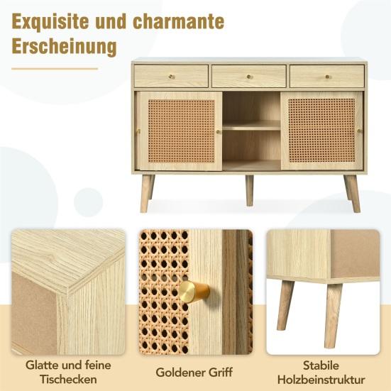 Mobile Organizzatore ad Ampio Spazio, Credenza, Cassettiera con 3 e Ante Scorrevoli, Intreccio in Rattan sulle Ante, Gambe in Legno Massello,