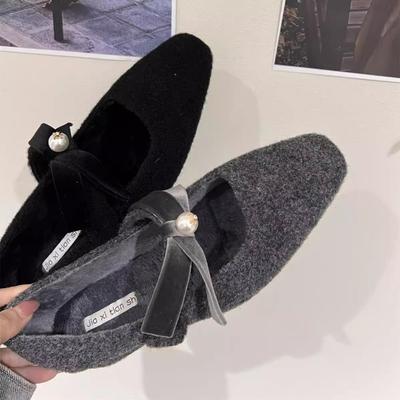 Winter Shallow Butterfly-knot Low Heel Pumps Fashion Square Toe Fleece Flet Ballet Flats Ladies Buckle Strap Warm Plush Loafers