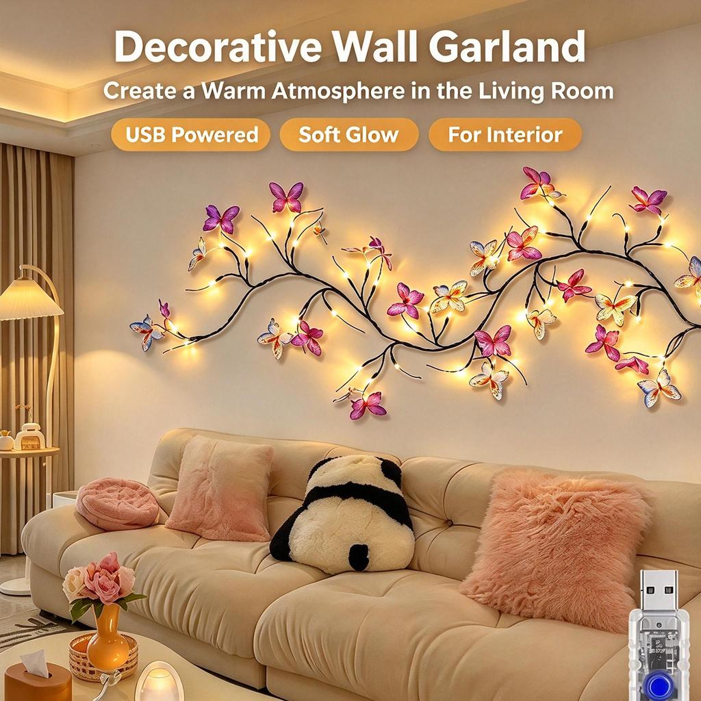 48Led Willow Vine String Light 1.6M 8 Modes USB Butterfly Festival Room Decoration Indoor and Outdoor Wall Lights