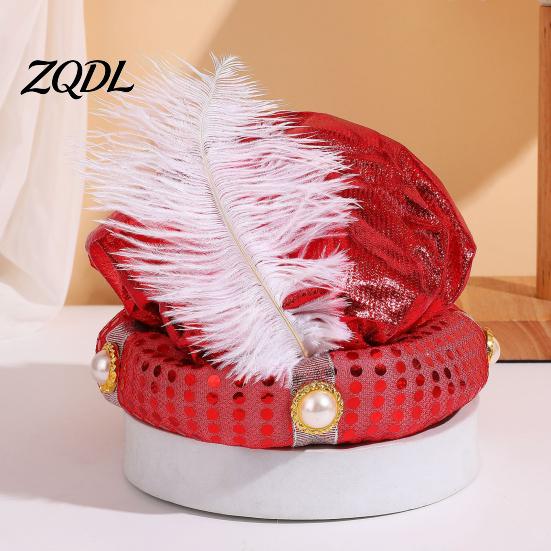 Lightweight Masquerade Costume Accessory Indian Sultan Hat, Shiny Sequins Feather Plume Cap, Novelty Arabian for Stage Shows Prince Hat Dress