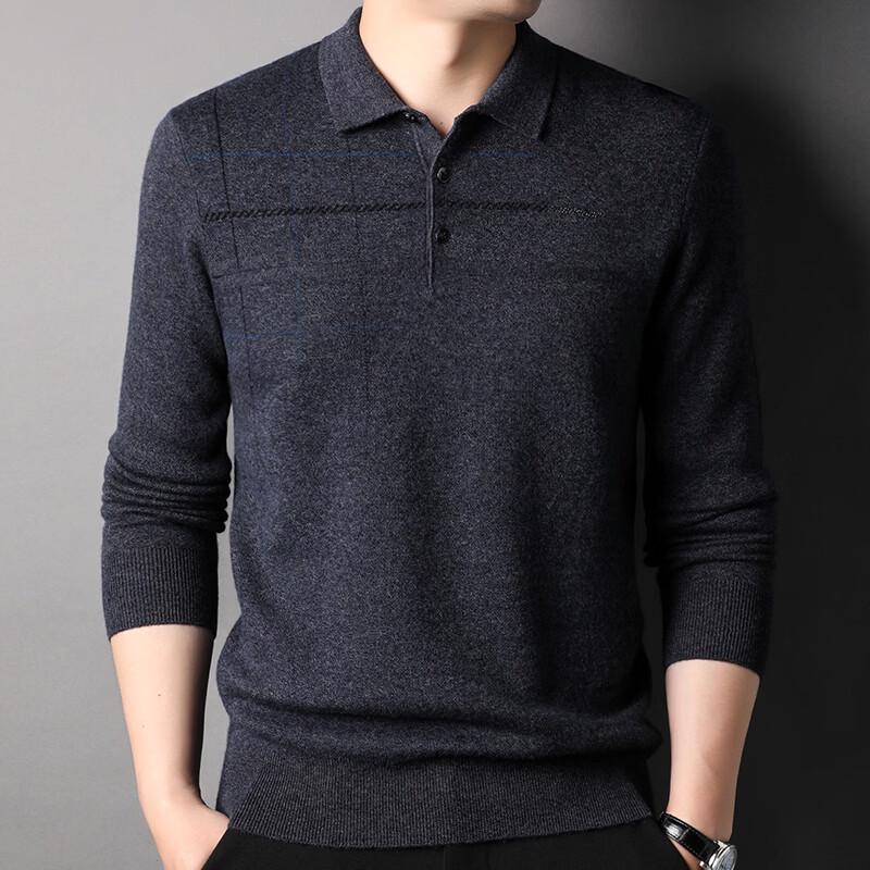 Hengyuanxiang Men's Pure Wool Turn-Down Collar Pullover Sweater
