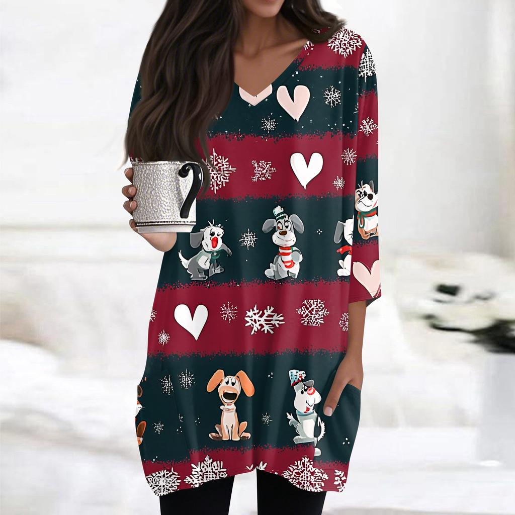 Damebluser med V-hals og 3/4-ermer, avslappede mellomlange skjorter, moteriktige tunikatopper med juleprint og lommer