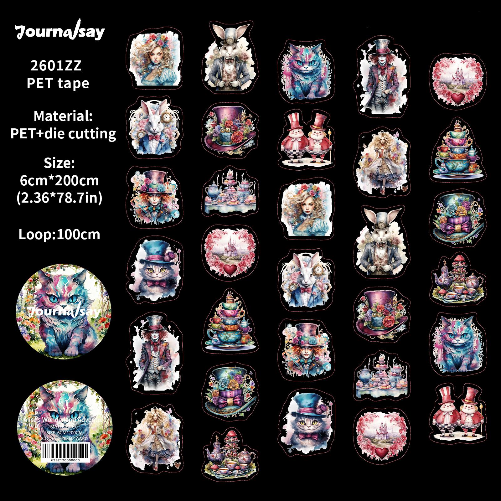 

JIANWU 60mm*200cm Vintage Alice Rabbit Flower Character Landscape Material Collage PET Tape Creative DIY Journal Stationery