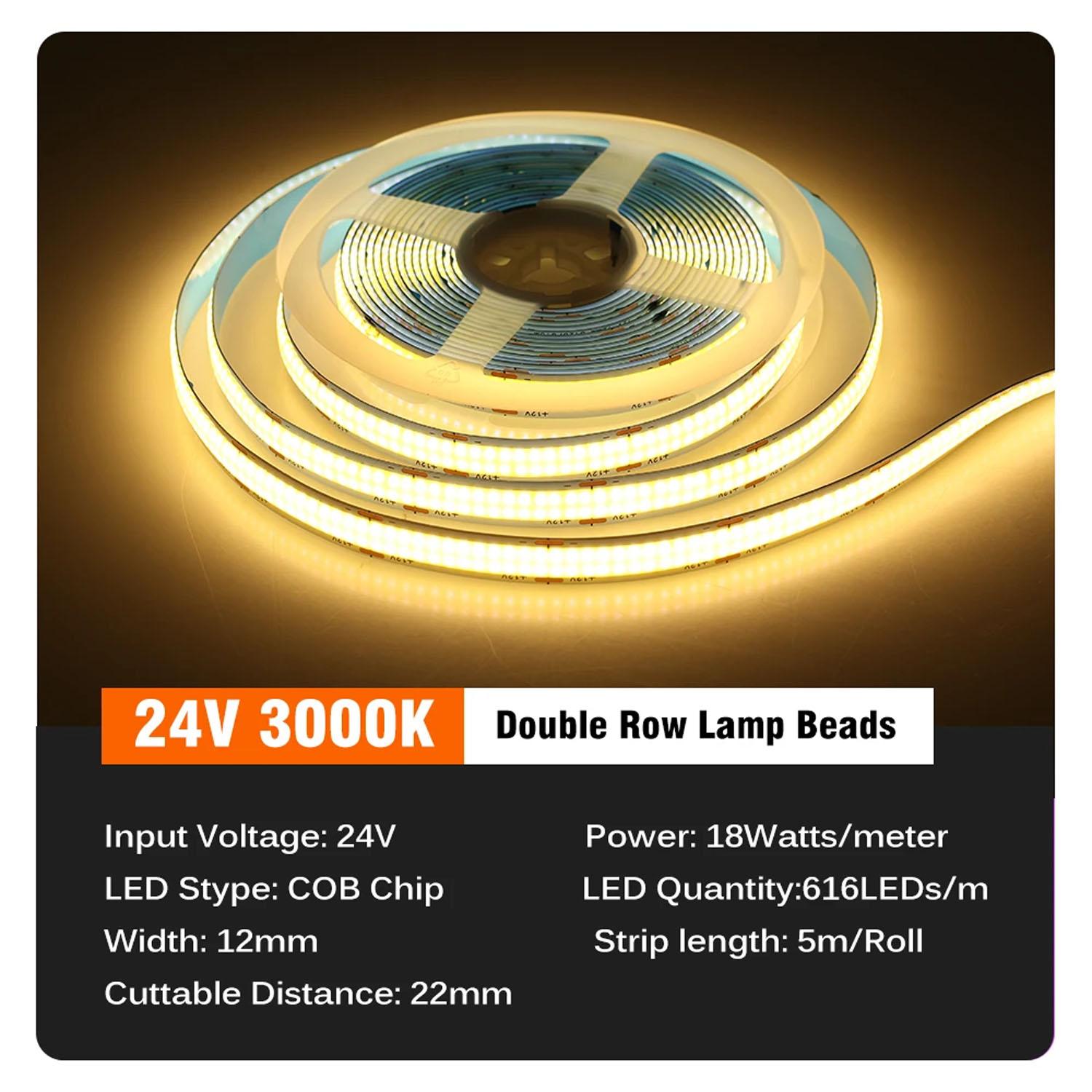 

Світлодіодна світлодіодна стрічка COB DC12V/24V Високояскрава гнучка світлодіодна стрічка FOB дворядна 624 світлодіодів/м RA90 3000K 4000K 6000K Stripe з можливістю затемнення 24V 2M теплим білим кольором