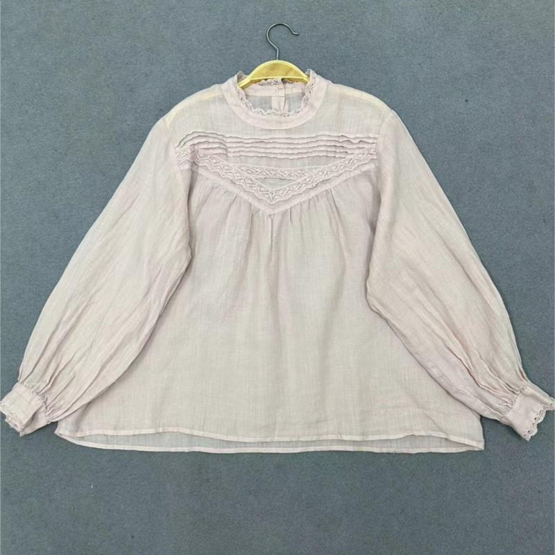 Johnature Japanese Lace Spliced Pleated Top Loose Casual Autumn Thin Long-sleeve Blouses For Women