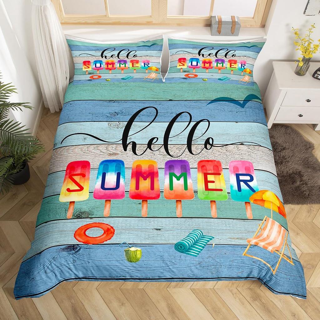 Hello Summer Comforter Cover Yellow Sunflower Bed Set,Farmhouse Duvet Cover Brown Stripe Old Wood Door Green Leaves Bedding Sets