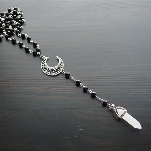 Colier Semilună din Cuarț Roz, Bijuterii cu Pandantiv Hexagonal