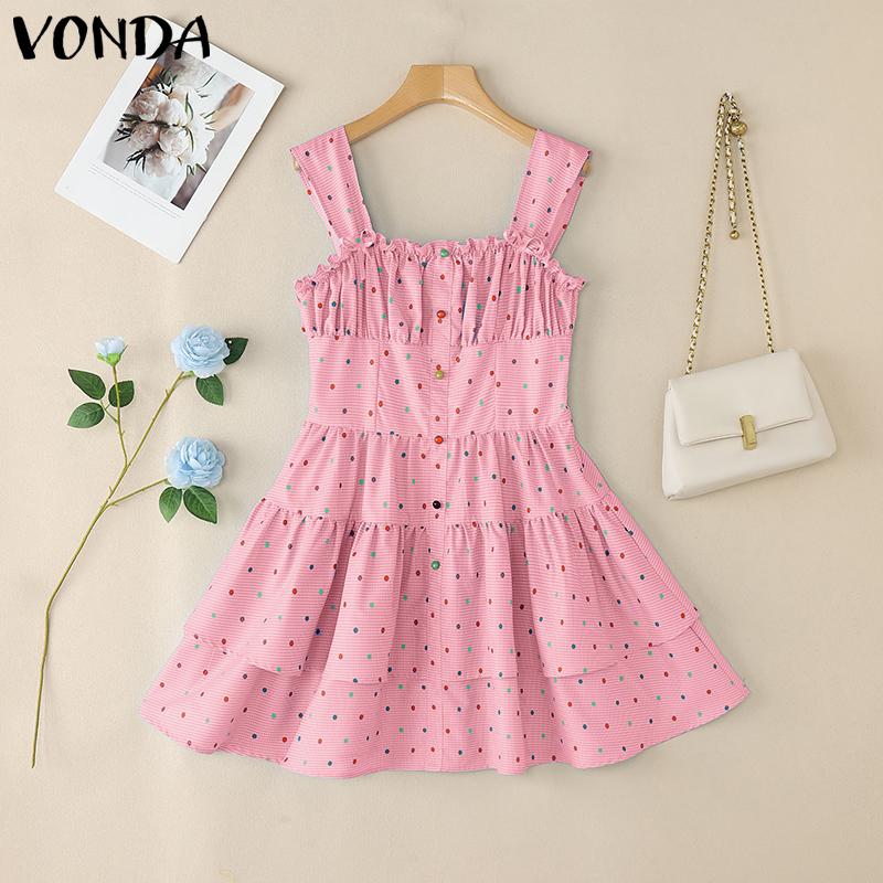 

VONDA Женское платье мини без рукавов на бретелях, повседневное, для вечеринки, многослойное, плиссированное, с принтом в горошек 2XL