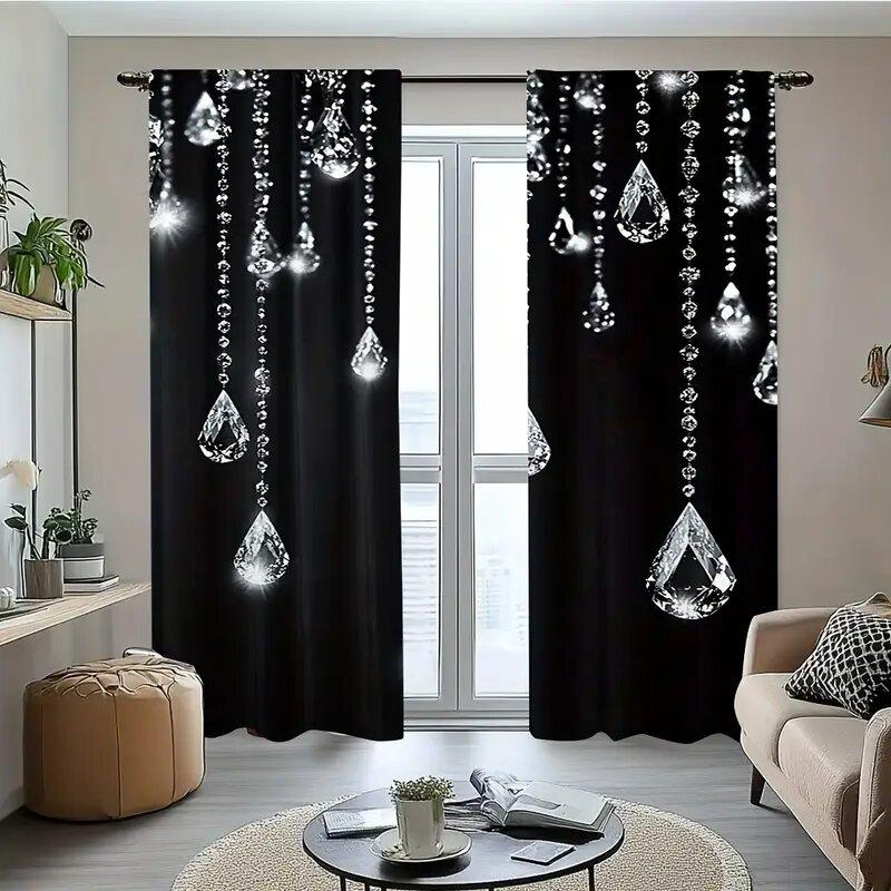 Black Crystal Curtains Pole Bag Bedroom Living Room Decoration Home Curtain Elegant Made Of Polyester Washable Area Ready