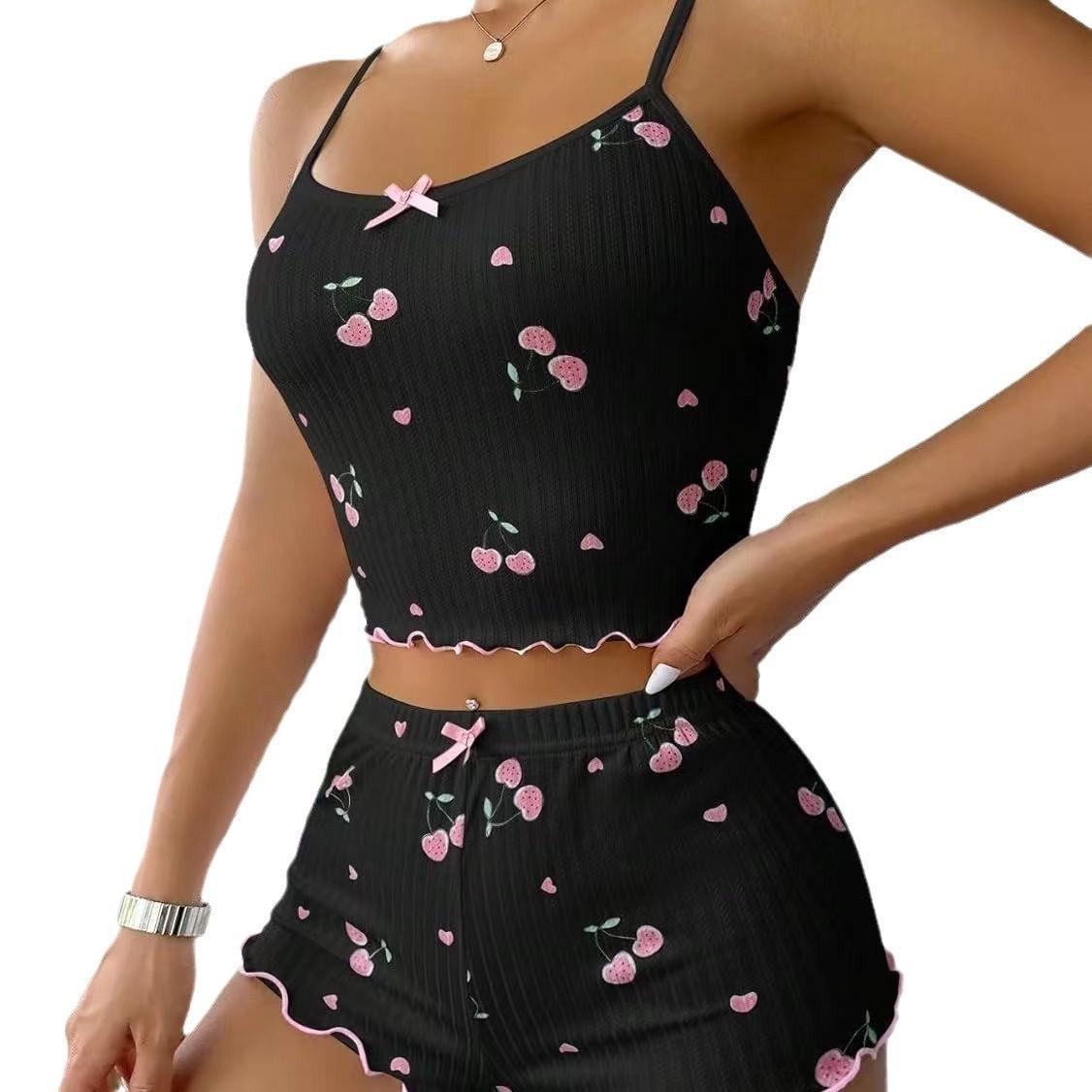 Summer women s new printed cherry cute milk silk homewear bow comfortable suspender sexy sleep S чёрный