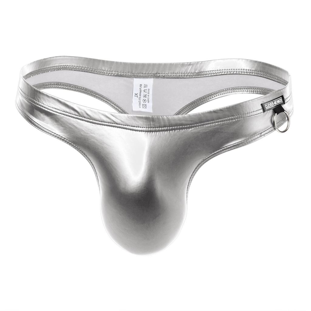 Sexy Faux Leather Thong Pánské spodní prádlo T-back Kalhotky Tanga Hombre Lingerie Nízký pas Černé kovové kroužky