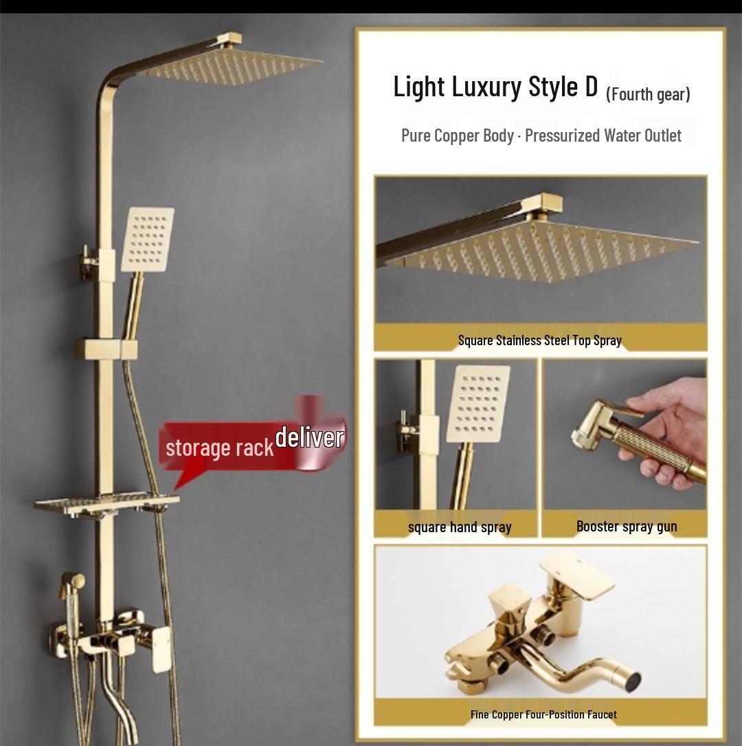 Wall-Mounted European Style Golden Shower Set with Hot & Cold Square Rainhead Faucet.
